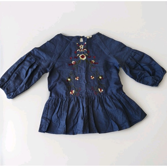 Hidden Alley Embroidered Blouse Sz S Blue‎ Ballon Sleeve Linen Blend Boho Top - Picture 2 of 16
